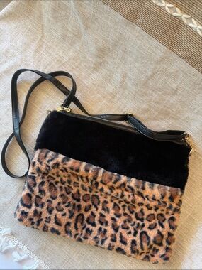 NWT Sprigs faux fur black and leopard print crossbody and wristlet bag